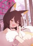  3girls absurdres animal_ear_fluff animal_ears blue_archive blush brown_hair commentary dress eyeshadow fang fox_ears fox_girl fox_shadow_puppet fox_tail fuhao10708 fur_shawl hair_between_eyes half_updo halo hand_up highres izuna_(blue_archive) izuna_(dress)_(blue_archive) looking_at_viewer makeup michiru_(blue_archive) michiru_(dress)_(blue_archive) multiple_girls official_alternate_costume official_alternate_hairstyle open_mouth orange_eyes pink_dress pink_eyeshadow shawl short_hair skin_fang solo_focus tail tsukuyo_(blue_archive) tsukuyo_(dress)_(blue_archive) untranslatable_commentary 