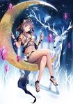  animal arrow artemis_(mythology) breasts bug butterfly cleavage constellation crescent_moon crop_top crossed_legs deer forest gem greek_mythology highres insect medium_breasts midriff moon nature navel original purple_eyes purple_hair quiver smile solo veil yumaomi 