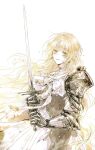  armor blonde_hair commentary dress gauntlets green_eyes highres holding holding_sword holding_weapon hypatia_(path_to_nowhere) light_smile looking_at_viewer mitsukyou path_to_nowhere red_eyes shoulder_armor simple_background sword untranslatable_commentary weapon white_background white_dress 