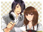  1boy 1girl armband blunt_bangs border brown_eyes brown_hair collared_shirt commentary_request ears_visible_through_hair grey_eyes grey_sweater_vest hair_over_one_eye hand_up headphones headphones_around_neck highres holding holding_paper iino_miko ishigami_yuu kaguya-sama_wa_kokurasetai_~tensai-tachi_no_renai_zunousen~ long_hair looking_at_object low_twintails one_eye_covered open_mouth outside_border paper parted_lips plaid_background rectangular_mouth red_ribbon ribbon school_uniform shirt short_hair shuuchiin_academy_school_uniform simple_background sweater_vest twintails upper_body user_nwyt8453 v-shaped_eyebrows white_border white_shirt yellow_armband 