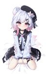  1girl aaaaabk! absurdres beret black_choker black_hat choker commentary_request dog_girl dog_tail flower gradient_hair hair_flower hair_ornament hat highres mahou_shoujo_no_majo_saiban multicolored_hair o-ring o-ring_thigh_strap pink_eyes sakuraba_ema short_hair simple_background sitting solo tail tail_wagging tearing_up thigh_strap wariza white_background white_flower white_hair x_hair_ornament 
