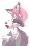  anthro big_ears blush breast_grab breast_squeeze breasts canine covering covering_breasts female fox fur green_eyes grey_fur hand_on_breast holding_breast looking_at_viewer mammal nude ponytail pussy solo thick_thighs voluptuous white_fur yukiharu_nyawate 