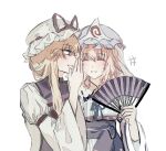  +++ 2girls blonde_hair blue_hat blue_kimono bow closed_eyes commentary_request dress folding_fan hair_bow hand_fan hat hat_ribbon holding holding_fan japanese_clothes kimono mob_cap multiple_girls onigiri_222x714 pink_hair purple_tabard red_ribbon ribbon saigyouji_yuyuko simple_background smile tabard touhou triangular_headpiece white_background white_dress white_hat yakumo_yukari 