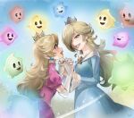  2girls ano_(sbee) artist_name bare_shoulders blonde_hair blue_dress blue_eyes blue_luma blue_sky brooch commentary_request crown dress earrings elbow_gloves eyelashes gloves green_luma hair_over_one_eye holding_hands interlocked_fingers jewelry long_hair long_sleeves looking_at_another luma_(mario) mario_(series) multiple_girls off-shoulder_dress off_shoulder open_mouth pink_dress princess_peach puffy_short_sleeves puffy_sleeves red_luma rosalina short_sleeves siblings sisters sky smile sphere_earrings star_(symbol) star_brooch star_earrings the_super_mario_galaxy_movie white_gloves 