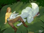 anthro black_nose featabeast female forest hair hi_res human larger_female long_hair male mammal petting plant size_difference tree