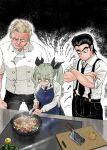  1girl 2boys anchovy_(girls_und_panzer) apron black_bow black_hair black_necktie black_pants blonde_hair blue_apron blue_eyes bottle bow chef cleaver cooking crossover cutting_board drill_hair food frying_pan girls_und_panzer gordon_ramsay green_hair hair_bow hell's_kitchen highres long_sleeves multiple_boys necktie oishinbo pants real_life red_eyes shirt short_sleeves suspenders sweatdrop the_lipid_guy_(ponta) twin_drills twintails white_shirt yamaoka_shirou 