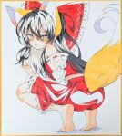  1girl animal_ear_fluff animal_ears ass barefoot black_hair blush bow commentary_request detached_sleeves feet fox_ears fox_girl fox_tail frilled_bow frilled_hair_tubes frilled_skirt frills hair_bow hair_tubes hakurei_reimu highres kemonomimi_mode long_hair looking_at_viewer open_mouth red_bow red_skirt ribbon-trimmed_sleeves ribbon_trim seika_okawari shikishi skirt skirt_set soles solo squatting sweat tail tiptoes touhou traditional_media yellow_eyes 