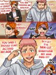  1boy 1girl alternate_hairstyle blush chibi english_text facial_mark highres hood hoodie itadori_yuji jujutsu_kaisen jujutsu_kaisen_modulo kugisaki_nobara mature_female neggoartz old old_woman open_mouth orange_hair pink_hair scar scar_on_face scar_on_mouth speech_bubble wrinkled_skin 