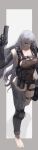  1girl absurdres ak-15_(girls'_frontline) alternate_costume ammunition_pouch barefoot black_gloves breasts brown_one-piece_swimsuit buckle chest_harness closed_mouth commentary_request dashimaki_(dasimakitama50) elbow_gloves facing_down finger_on_trigger full_body girls'_frontline girls'_frontline_2:_exilium gloves gun hair_over_one_eye handgun harness highleg highleg_one-piece_swimsuit highres holding holding_gun holding_weapon large_breasts long_hair one-piece_swimsuit pouch snap-fit_buckle solo standing swimsuit thigh_pouch toes voymastina_(girls'_frontline_2) weapon white_hair 