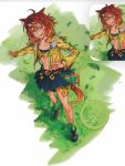  1girl abs animal_ears bikini bikini_top_only black_shoes blue_skirt blush commentary flat_chest green_socks hand_on_own_hip highres horse_ears horse_girl horse_tail jacket jungle_pocket_(champion's_battle_cry)_(umamusume) jungle_pocket_(umamusume) looking_at_viewer open_clothes open_jacket open_mouth orange_hair shoes short_hair skirt socks solo sweat swimsuit tail three_ree12 umamusume untranslatable_commentary yellow_bikini yellow_eyes yellow_jacket 