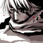  1boy bandaid bandaid_on_face bandaid_on_nose blood eyepatch greyscale hellsing lowres male_focus monochrome oekaki pip_bernardotte portrait scarf scarf_over_mouth serious signature solo spot_color toshimichi_yukari 