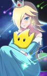 1girl absurdres bare_shoulders blonde_hair blue_dress blue_eyes commentary_request crown dress earrings eyelashes glowing glowing_earrings hair_over_one_eye highres jewelry long_hair long_sleeves looking_at_viewer luma_(mario) mario_(series) off-shoulder_dress off_shoulder rosalina shooting_star smile solo space star_(symbol) star_earrings super_mario_galaxy tamahuku_0911 