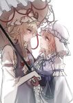  2girls blonde_hair blue_hat blue_kimono bow breasts closed_mouth commentary_request dress eye_contact frilled_kimono frills hair_bow hand_on_another's_face hat hat_ribbon highres holding holding_umbrella japanese_clothes kimono long_sleeves looking_at_another medium_breasts mob_cap multiple_girls onigiri_222x714 open_mouth parasol pink_eyes pink_hair purple_eyes purple_tabard red_bow ribbon saigyouji_yuyuko simple_background sleeve_garter smile tabard touhou triangular_headpiece umbrella white_background white_dress wide_sleeves yakumo_yukari yuri 