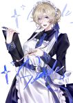  1girl apron blonde_hair blue_necktie commentary cowboy_shot english_commentary hands_up highres holding holding_smoking_pipe long_sleeves maid maid_apron maid_headdress mole necktie path_to_nowhere smile smoking_pipe solo standing tsubomi_qq vautour_bleu_(path_to_nowhere) white_background 
