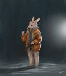  2019 anthro antlers barefoot cheek_tuft cigarette clothed clothing gun holding_object holding_weapon horn jackalope jacket lagomorph mammal panzery25 ranged_weapon rifle scarf signature simple_background smoking standing tuft weapon 