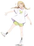  1girl black_socks blonde_hair blush braid brown_eyes commentary_request eitopondo fang fujita_kotone full_body gakuen_idolmaster green_shorts hair_ornament hair_ribbon hairclip highres idolmaster long_hair looking_at_viewer open_mouth outstretched_arms ribbon shirt shoes shorts simple_background sneakers socks solo spread_legs twin_braids white_background white_shirt white_shoes wide_spread_legs 