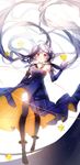 black_legwear blue_dress collarbone detached_sleeves dress highres long_hair open_mouth orange_eyes quad_tails silver_hair solo stellated_octahedron thighhighs very_long_hair vocaloid xingchen you_hashira 