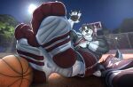  4_toes 5_fingers anthro armpit_hair ball basketball basketball_(ball) black_body black_fur black_pawpads blush bodily_fluids body_hair border_collie bottomwear bottomwear_down brown_eyes canid canine canis claws clothed clothing collie domestic_dog feet fingers flufflecraft foot_fetish foot_focus footwear fur herding_dog hi_res humanoid_feet looking_at_viewer lying male male_anthro mammal multicolored_body muscular muscular_anthro muscular_male night open_mouth outside pastoral_dog pawpads paws plant plantigrade red_bottomwear red_clothing red_footwear red_shoes sheepdog shirt shoes shorts sock_fetish socks soles solo sportswear tail tank_top toes topwear tree uniform white_body white_clothing white_footwear white_fur wrinkled_feet wrinkles 