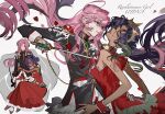  2girls absurdres black_jacket blue_eyes chinese_commentary closed_eyes commentary_request copyright_name crown dark-skinned_female dark_skin dress english_text glasses highres himemiya_anthy holding holding_sword holding_weapon human_scabbard jacket long_hair multiple_girls ouge_dz petals pink_hair purple_hair red_dress red_petals shoujo_kakumei_utena sleeveless sleeveless_dress sword sword_of_dios tenjou_utena very_long_hair weapon 