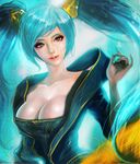  aqua_hair backlighting bad_id bad_pixiv_id blue_eyes blue_hair breasts cleavage collarbone eyeshadow gradient_hair highres kyung_han_kim large_breasts league_of_legends light_smile lips long_hair looking_at_viewer makeup multicolored_hair parted_lips solo sona_buvelle twintails upper_body very_long_hair 