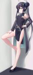  1girl \||/ absurdres bare_legs bare_shoulders black_dress black_hair black_jacket black_shoes blue_archive blunt_bangs breasts butterfly_hair_ornament china_dress chinese_clothes chinese_commentary closed_mouth commentary covered_navel double_bun dragon_print dress frown full_body grey_eyes grey_halo hair_bun hair_ornament halo hand_on_own_hip hand_on_own_thigh highres indoors jacket kisaki_(blue_archive) leg_up legs_up long_hair long_sleeves looking_at_viewer loveqilaikui open_clothes open_jacket pelvic_curtain petite print_dress shoes short_dress sidelocks single_shoe sleeveless sleeveless_dress small_breasts solo standing standing_on_one_leg striped_clothes striped_jacket thighs twintails vertical-striped_clothes vertical-striped_jacket very_long_hair 