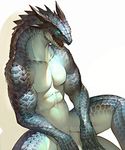  abs ambiguous_gender anthro biceps blue_eyes horn koutanagamori lizard muscular nude open_mouth pecs reptile scales scalie simple_background sitting teeth tongue white_background 