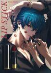  1boy 1other alternate_costume applying_lipstick applying_makeup arm_up bad_id bad_pixiv_id black_shirt blue_hair blue_nails brant_(wuthering_waves) collarbone commentary cosmetics english_text fingernails hair_between_eyes highres holding holding_lipstick_tube lipstick_mark lipstick_mark_on_face lipstick_mark_on_neck lipstick_tube long_fingernails looking_at_viewer nail_polish parted_lips pink_eyes sae_naiyatsu shirt short_hair smile solo_focus tacet_mark_(wuthering_waves) twitter_username untranslatable_commentary upper_body wuthering_waves 