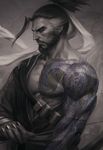  beard biceps bow_(weapon) facial_hair gloves hadanugi_dousa hanzo_(overwatch) high_ponytail highres holding holding_weapon japanese_clothes male_focus manly monochrome muscle nipples overwatch pectorals ponytail signature solo spot_color stanley_lau tattoo upper_body weapon 