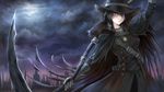  absurdres black_hair bloodborne cloak elrem gloves green_eyes hat highres hunter_(bloodborne) looking_at_viewer scythe short_hair solo weapon 