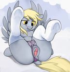  2016 absurd_res anus blonde_hair butt clitoris clothing derpy_hooves_(mlp) dimfann dock equine feathered_wings feathers female feral friendship_is_magic hair half-closed_eyes hi_res hooves legs_up mammal my_little_pony panties pegasus pussy solo teats translucent transparent_clothing underwear wings 