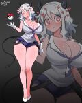  1girl alternate_costume artist_name black_horns black_tail blue_shorts blush breasts bright_pupils cleavage closed_mouth collarbone demon_girl demon_horns demon_tail dot_nose english_commentary frown gloves hair_between_eyes heart heart-shaped_pupils helltaker high_heels highres horns huge_breasts jarckius looking_at_viewer medium_hair modeus_(helltaker) nose_blush paid_reward_available poke_ball pokemon pokemon_scarlet_and_violet red_eyes shirt shoes short_shorts shorts simple_background sleeveless sleeveless_shirt solo standing suspenders_hanging symbol-shaped_pupils tail team_star white_background white_gloves white_hair white_pupils white_shirt white_shoes zoom_layer 