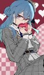  1girl belt belt_buckle black_belt black_choker blue_eyes blue_hair blue_neckerchief box box_of_chocolates buckle choker commentary_request covered_mouth crown grey_jacket grey_skirt hair_between_eyes hair_bun hat heart highres holding holding_box hololive hoshimachi_suisei jacket kurony_(sirony) long_hair looking_at_viewer mini_crown mini_hat neckerchief pleated_skirt red-framed_eyewear skirt solo star_(symbol) star_in_eye symbol_in_eye valentine virtual_youtuber 