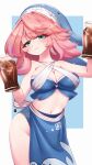  1girl absurdres alternate_breast_size_(smaller) alternate_costume animal_print apron blue_apron blue_background blue_sarong blue_tube_top blush border breasts cleavage commentary criss-cross_straps fish_print green_eyes highres looking_at_viewer lykesya medium_breasts medium_hair midriff navel okunoda_miyoi okunoda_miyoi_(waitress_of_beach_house_kourindou) pink_hair sarong smile soda solo strapless touhou touhou_lostword tube_top untranslatable_commentary whale_hat whale_print white_border 