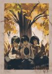  1girl 2boys :d absurdres against_tree aged_down animal autumn_leaves black_eyes black_hair black_pants black_shirt black_sweater_vest brown_jacket closed_eyes closed_mouth collared_shirt cow crossed_bangs curtained_hair dongbaek_(project_moon) dongrang_(project_moon) ginkgo_tree grass hair_between_eyes highres holding holding_animal holding_mirror jacket leaf limbus_company mirror multiple_boys official_alternate_costume pants project_moon shade shirt short_hair sitting sixgod smile suspenders sweater_vest translation_request tree tree_shade white_shirt yellow_eyes yellow_leaves yi_sang_(project_moon) 