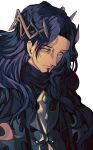  1boy armor black_hair commentary_request crown facial_hair fate/grand_order fate_(series) goatee highres john_lackland_(fate) long_hair looking_at_viewer male_focus multicolored_hair orange_eyes purple_hair raiya_(a2i3rnzyy) simple_background solo turtleneck two-tone_hair upper_body white_background 