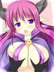  blush breast_grab breasts cloak demon_girl disgaea grabbing heart heart-shaped_pupils highres horns huge_breasts long_hair looking_at_viewer luxuria makai_senki_disgaea open_mouth out_of_frame pointy_ears pov purple_eyes purple_hair saliva solo_focus succubus succubus_(disgaea) symbol-shaped_pupils upper_body 