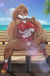  anthro areola beach bench breasts clothing female food green_eyes lollipopcon looking_at_viewer mammal navel one_eye_closed popsicle presenting pussy rodent sciurid seaside shirt sitting skirt sneakers solo spread_legs spreading tank_top under_boob wink 
