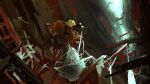  1girl arthropod_girl arthropod_limbs blonde_hair bridge brown_dress closed_eyes commentary_request dress extra_legs happy highres kurodani_yamame long_sleeves niy_(nenenoa) one-hour_drawing_challenge ravine scenery short_hair silk smile solo spider_girl spider_web touhou wide_shot 