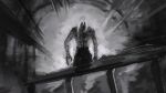  1boy absurdres commentary english_commentary eyes_in_shadow glowing glowing_eyes greyscale highres horror_(theme) jujutsu_kaisen looking_at_viewer mahito_(jujutsu_kaisen) male_focus monochrome nitrovu solo standing stitched_arm stitched_face stitched_torso stitches topless_male tunnel white_hair 
