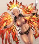  1girl amazon_warrior amazoness_(fate) armor armpits bangle bare_shoulders belt bikini bikini_armor black_bikini bracelet breasts brown_background cleavage closed_mouth commentary_request cowboy_shot dark-skinned_female dark_skin earrings fate/grand_order fate_(series) feather_hair_ornament feathers forehead fur_trim hair_ornament highres holding holding_weapon hoop_earrings jewelry knife kukri large_breasts lips long_hair looking_at_viewer low-tied_long_hair mismatched_bikini navel necklace outstretched_arms ponytail re_lucy red_bikini red_eyes revision scar scar_across_eye scar_on_face shiny_skin simple_background solo spread_arms standing stomach swimsuit thighs toned tooth_necklace very_long_hair weapon 