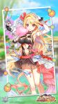  1girl arm_up baizu_(guszx) bare_shoulders blonde_hair blush breasts cleavage cleavage_cutout clothing_cutout collarbone cotton_candy day dragon dress eating elbow_gloves flower food full_body gloves hair_intakes hair_ornament high_heels highres holding holding_food large_breasts lips long_hair looking_at_viewer navel navel_cutout official_art official_wallpaper outdoors photo_(object) pink_flower pink_rose red_eyes rose shironeko_project sierra_(shironeko_project) sleeveless sleeveless_dress small_dragon smile solo standing stomach_cutout tsurime very_long_hair white_dragon 