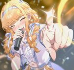  1girl absurdres arm_up birthday blonde_hair blue_skirt blush camisole center_frills commentary_request fang fangs fingernails frills fujita_kotone gakuen_idolmaster hand_up happy_birthday highres holding holding_microphone idolmaster jacket long_hair looking_at_viewer microphone midriff miya_xx2 navel one_eye_closed open_mouth sekaiichi_kawaii_watashi_(idolmaster) skin_fangs skirt smile solo stomach sweat white_camisole white_jacket 