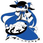  1girl apron avian_zebra bow bowtie commentary drawing_sword flat_color frilled_skirt frills hair_over_one_eye hat highres hinanawi_tenshi holding holding_sword holding_weapon limited_palette long_hair looking_at_viewer puffy_sleeves sash shirt simple_background skirt solo sword touhou weapon white_background 