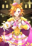  1girl animal_ears armor blush breasts cape commentary_request crown fingerless_gloves gloves gold_corset hair_between_eyes highres horse_ears horse_girl horse_tail jewelry long_sleeves looking_at_viewer mini_crown mokuroo multiple_rings open_mouth orange_hair orange_tail pink_cape pink_crown purple_eyes ring shirt short_hair shoulder_armor single_fingerless_glove skirt smile solo t.m._opera_o_(o_sole_suo!)_(umamusume) t.m._opera_o_(umamusume) tail teeth two-tone_skirt umamusume upper_teeth_only white_shirt 