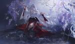  1girl absurdres arms_up branch breasts closed_eyes hair_ribbon hakama hakama_skirt highres hiyuki_(wuthering_waves) holding holding_sword holding_weapon japanese_clothes katana kimono long_hair medium_breasts nail_polish panni_xing ponytail red_hakama red_nails red_ribbon reflective_floor ribbon skirt snowflakes solo squatting sword weapon white_hair white_kimono wuthering_waves 