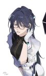  1girl absurdres adjusting_hair chief_(path_to_nowhere) cowboy_shot female_chief_(path_to_nowhere) from_above glasses gloves hand_up highres kiki_(kikychayen) long_hair looking_to_the_side official_alternate_costume official_alternate_hairstyle path_to_nowhere schorl_(path_to_nowhere) sideways_glance simple_background solo standing very_long_hair white_background white_gloves 