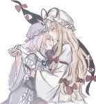  2girls blonde_hair blue_hat blue_kimono bow closed_eyes commentary_request dress facing_another frilled_kimono frills gap_(touhou) hair_bow hat hat_ribbon highres holding_hands hug japanese_clothes kimono long_sleeves mob_cap multiple_girls multiple_hair_bows neck_ribbon onigiri_222x714 pink_hair purple_tabard red_bow red_ribbon ribbon saigyouji_yuyuko simple_background sleeve_garter tabard touhou triangular_headpiece white_background white_dress white_hat wide_sleeves yakumo_yukari yuri 