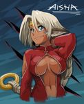  aisha_clanclan alternate_costume animal_ears blue_eyes braid breasts cat_ears center_opening character_name circlet commentary dark_skin eyebrows facial_mark fang large_breasts long_hair navel no_bra outlaw_star silver_hair single_braid solo underboob upper_body whistle_frog 