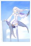  bare_shoulders bodice border braid cleavage_cutout cloud coattails crown_braid day emilia_(re:zero) eyebrows eyebrows_visible_through_hair frills hand_in_hair highres lamase_(41) light_smile long_hair looking_to_the_side pointy_ears purple_eyes re:zero_kara_hajimeru_isekai_seikatsu shoulder_cutout silver_hair skirt sky solo standing thighhighs underbust white_border white_legwear wide_sleeves wind zettai_ryouiki 