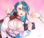  2girls ascot belt black_cape blue_hair breasts cape chaos_zero_nightmare cleavage commentary_request earpiece food hand_up heidemarie_(chaos_zero_nightmare) holding holding_food holding_tablet_pc large_breasts long_sleeves looking_at_another macaron multiple_girls neko_suki22 orange_eyes puffy_long_sleeves puffy_sleeves shirt sylvia_(chaos_zero_nightmare) tablet_pc white_shirt 